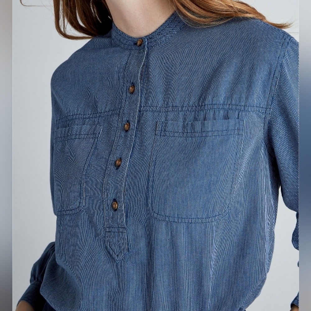 Lucky Brand Edie Striped Popover Top Blue White Pinstripe Size M NWT - Picture 3 of 14